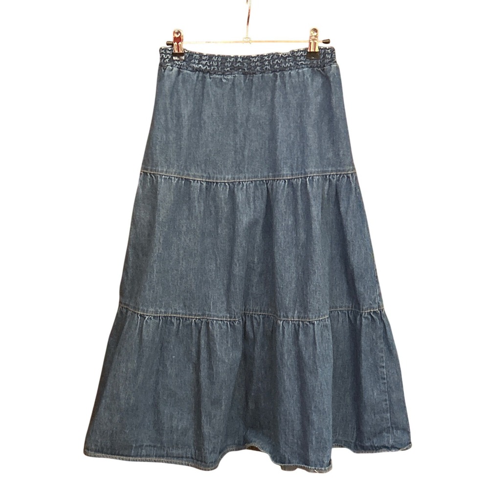 Vintage 90s J.J.J. Denim Tiered Maxi Skirt Prairie Cottagecore Western Casual